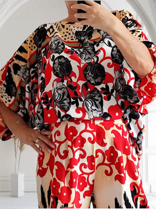Zweiteiliges Set – Bluse & Hose geblümt in Rot 36-42