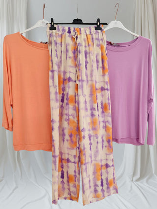 Zweiteiliges Set – Bluse & Hose in Batikoptik, tragbar bis Größe 36-40