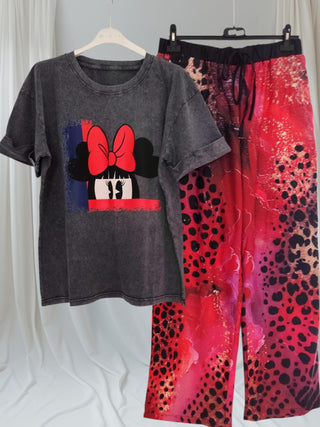 🐭 Graues T-Shirt mitPrint & Umschlagärmeln – tragbar von Größe 36 Oversize bis 46
