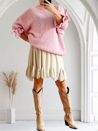 #O389 🌸 Oversize-Strickpulli mit Tulpenärmeln und Schleifenbändern in Rosa – tragbar von Größe 36 Oversize bis 50/52