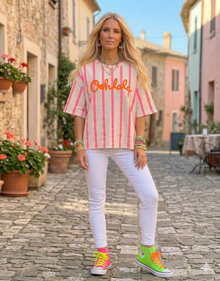 👚 T-SHIRT KASTENSCHNITT OH LA LA BEIGE-NEONPINK
