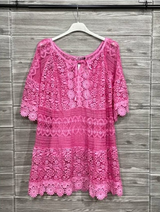 🌸 SPITZEN-TUNIKA BLUSE & MINIKLEID DOPPELLAGIG FUCHSIA-PINK