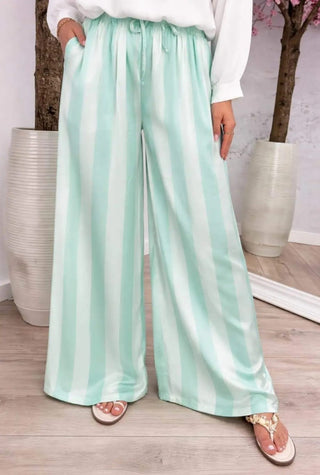 👖 HOSE „THEA“ T106 – LEICHTE SOMMERHOSE DAMEN WIDE LEG GESTREIFT MIT SATINDETAILS