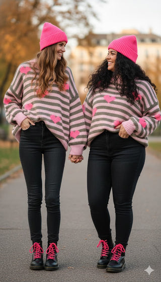 🧶 KUSCHEL-STRICKPULLOVER – TAUBE GESTREIFT & NEON-HERZ