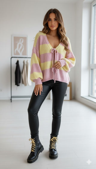 💖 Kuscheliger Oversize Cardigan mit Bindeschleifen – Gelb/Rosa